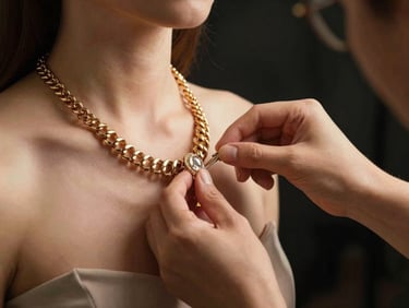 Behind the scenes close-up of hands meticulously draping a heavy gold bridal necklace onto a model, warm ambient studio glow, dramatic side lighting.