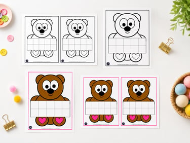 Printable bear ten-frame math worksheets for counting and preschool educational activities.