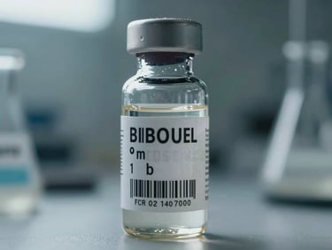 Macro close-up of a sealed chemical testing vial containing clear biofuel sample, technical labels with barcodes, cool laboratory lighting.