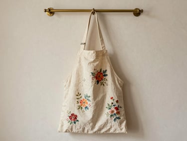 A custom keepsake tote bag hand-stitched from a vintage floral cotton apron, hanging on a warm brass peg against a soft plaster wall.