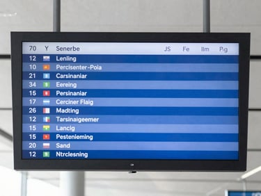 A modern airport terminal departure board showing flight statuses under bright natural daylight.