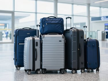 Clean, organized travel gear and baggage on a polished terminal floor with cool blue tones.