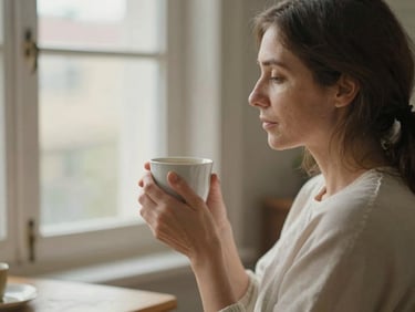 Une femme d'âge mûr assise près d'une fenêtre ensoleillée, tenant une tasse de thé à deux mains, expression sereine et reposée, arrière-plan flou, lumière douce.