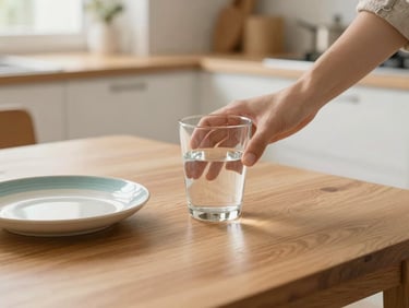 Plan moyen d'une table en bois clair dans une cuisine lumineuse, une main pose un verre d'eau ergonomique près d'une assiette colorée, ambiance sereine et sécurisante.