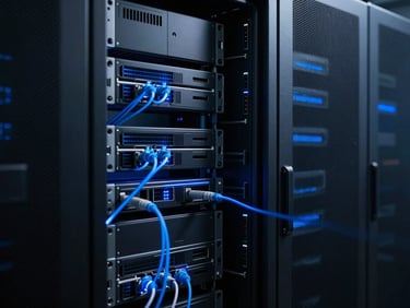 moody cinematic technology photography, abstract blue light trails representing fast data transfer in a dark server room, ultra-sharp focus, 35mm