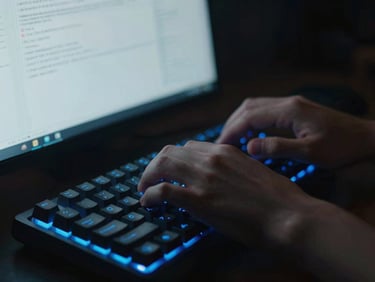 Close-up of a developer's hands coding on a mechanical keyboard with blue backlighting, reflecting a clean terminal screen. Moody cinematic lighting, deep shadows, ultra-sharp focus, 35mm.