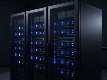 Studio shot of a sleek, modern server rack with glowing blue indicator lights in a dark room. Moody cinematic lighting, deep shadows, ultra-sharp focus, 35mm.