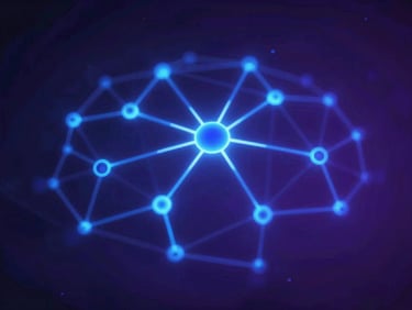 Abstract motion graphic showing data flow within a neural network, rendered with electric blue and deep purple hues. Cinematic, high-contrast, ultra-sharp focus, 35mm.