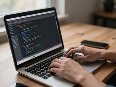 Developer's hands typing code on a laptop at a desk, code visible on screen with real project files open, natural daylight from a side window, tight documentary framing
