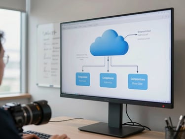 Engineer reviewing a cloud infrastructure diagram on a large wall-mounted monitor in a real office environment, whiteboard annotations visible in the background, natural window light