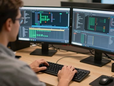 Close-up over-the-shoulder shot of an engineer's hands on a keyboard, multiple monitors showing network monitoring dashboards, warm office ambient light, documentary framing
