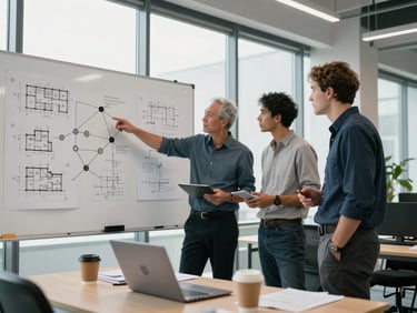 Wide documentary shot of two engineers standing at a whiteboard covered in architecture diagrams and system maps mid-discussion, one pointing at a node diagram, natural daylight from a large office window, real working environment with laptops and coffee cups on a nearby table
