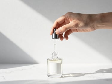 An elegant hand holding a glass pipette over a minimalist perfume vial, bright natural sunlight, pure white background