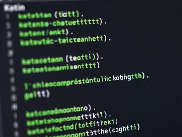 Macro shot of a dark-mode IDE screen displaying clean Kotlin code snippets, with vibrant electric green syntax highlighting and deep, clean shadows.