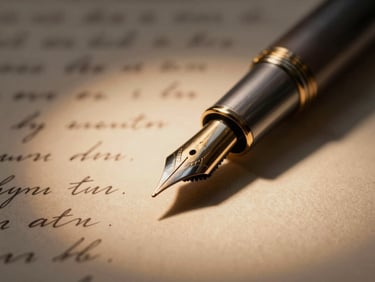 Macro shot of a fountain pen nib resting on handwritten manuscript paper, warm amber spotlight, dark background