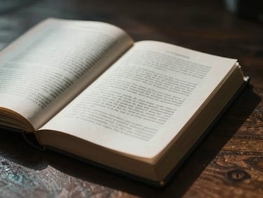 Moody side-lit close up of an open vintage book on a dark wooden desk, high contrast shadows, cool cyan ambient light