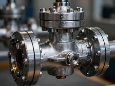 Close-up of a heavy-duty industrial control valve, high-contrast steel reflections, cool metallic tones, sharp focus, 35mm lens.