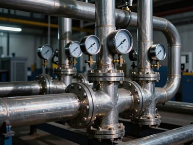Industrial pumping system with visible pipes and gauges, dramatic lighting, high-contrast steel reflections, sharp focus, 35mm lens.