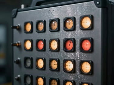 Ruggedized industrial display panel with illuminated indicators, close-up, cool metallic tones, sharp focus, 35mm lens.