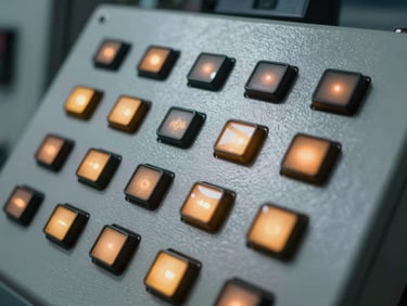 Close-up of a ruggedized industrial control panel with illuminated buttons, cool metallic tones with amber accents, sharp focus, 35mm lens.