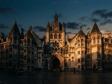 Wide panoramic shot of an imposing, dark judicial building at dusk, dramatic shadows, warm golden side-lighting, cinematic, 35mm film, emphasizing gravitas and authority.