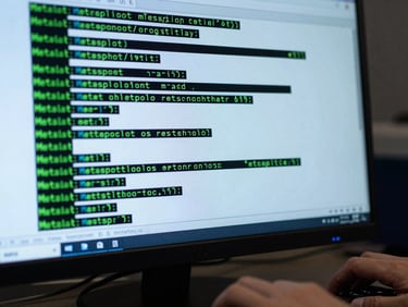 Close-up of a terminal screen displaying Metasploit output in green-on-black text, a hand resting on a keyboard in the foreground, cool blue monitor glow, dark lab environment
