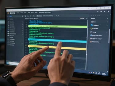 Close-up of an analyst's hands navigating a Splunk dashboard on a large dark monitor, log correlation view with highlighted anomaly rows, dark operations center background