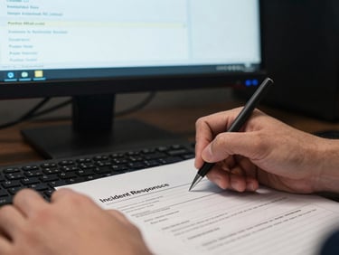 Close-up of hands writing an incident response report on a keyboard, a secondary monitor in background showing vulnerability scanner output, dark cool-lit workstation environment