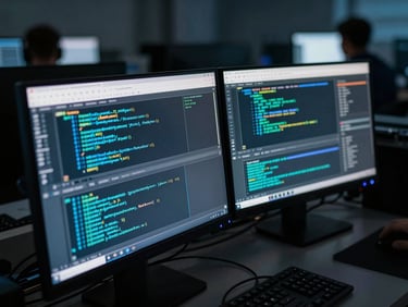 Angled shot of dual monitors showing network traffic analysis and packet capture data in a dark operations lab, cyan and blue data streams visible on screen, operator's silhouette in background