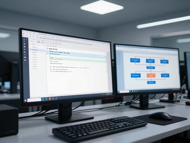 Wide shot of a cybersecurity lab workstation with Burp Suite open on screen, HTTP request intercept visible, a second monitor showing application architecture diagram, cool overhead lighting