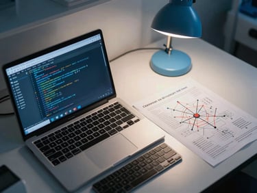Overhead shot of a lab desk with a Kali Linux terminal open showing nmap scan output, a printed network topology map beside the keyboard, cool blue desk lamp illuminating the workspace