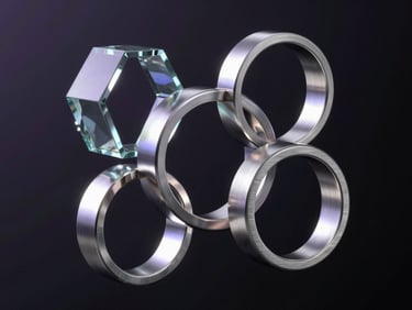 Abstract 3D render of interlocking geometric glass and brushed silver rings, floating in a dark void with subtle violet light refraction, representing a connected digital ecosystem.