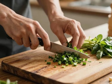 Hands chopping fresh herbs and vegetables on a rustic wooden cutting board, soft warm kitchen light