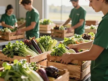 Volunteers in green shirts packing wooden boxes with fresh organic vegetables in a bright, sunny warehouse