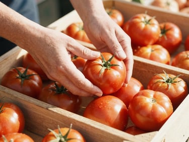 Hands carefully selecting ripe red tomatoes from a market-style wooden crate, bright natural daylight