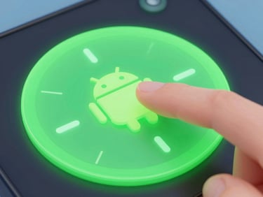 Vibrant 3D digital render of a custom Android dial widget on a dark screen, soft neon-green ambient glow, macro shot of finger tapping the physical-looking digital button