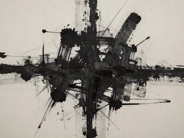 A close-up of a contemporary Indian abstract painting. Saturated black ink strokes on raw canvas, showcasing high-detail textures and expressive brushwork under soft gallery lighting.
