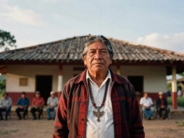 Dignified environmental portrait of an indigenous leader standing in front of a community assembly hall in Colombia, soft natural daylight, rich earthy tones, medium format film look