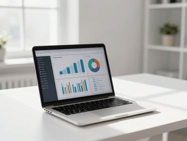 A clean modern workspace with a laptop screen showing analytics charts, bright natural light, professional