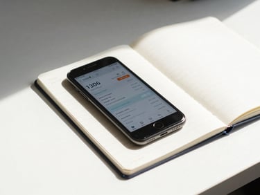 A close-up of a neat desk with a notebook and a smartphone showing a sales dashboard, high contrast, natural light