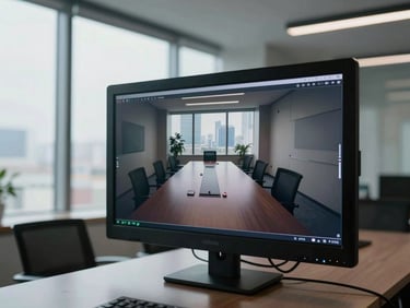 Wide shot of a professional corporate video production monitor displaying a finished brand film frame — a sleek conference room scene with cool daylight through tall windows, sharp focus on the screen output, functional studio environment visible in shallow background