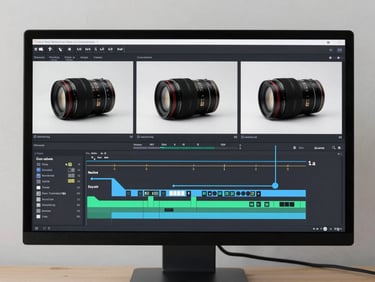 Close-up of a video editing timeline on a high-resolution monitor showing a finished individual project frame — a product close-up shot under neutral studio lighting, clean desk workspace with editing software visible, daylight-neutral conditions