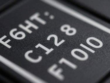 Extreme close-up of interface details, stark white monospaced typography on a deep charcoal canvas.