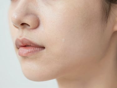 Macro close-up of a person's jawline showing smooth, recovered skin texture, bright clinical daylight, natural healing