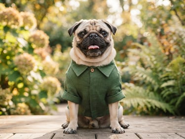 Warm editorial photography of a happy pug wearing a perfectly fitted forest green linen shirt, soft outdoor morning sun, shallow depth of field, 35mm lens
