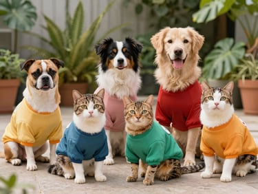 Perros y gatos de diferentes razas usando la última colección de ropa de temporada, con colores vivos y diseños alegres, en un ambiente de jardín.