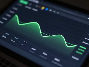 Macro shot of a dark-mode analytics dashboard showing conversion curves, neon green accent lines, dramatic low-key studio lighting.