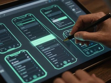 Macro over-the-shoulder shot of a designer refining a dark-mode mobile UI wireframe, glowing electric-mint guidelines on screen, dramatic studio lighting.