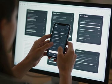Macro over-the-shoulder shot of a designer refining a dark-mode mobile UI wireframe on a high-resolution monitor, cool electric-mint edge lighting, sharp focus on the layout grid.