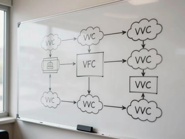 Tight crop of a whiteboard covered in cloud architecture diagrams — VPC boundaries, subnet annotations, and service arrows drawn in black marker, daylight from a window to the left, no people